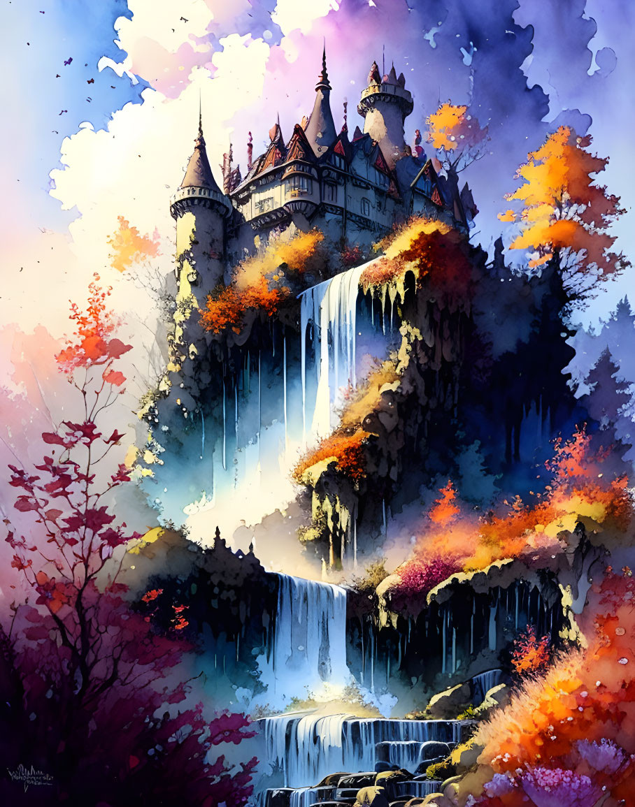 Enchanted castle on majestic waterfall amid vibrant autumn foliage