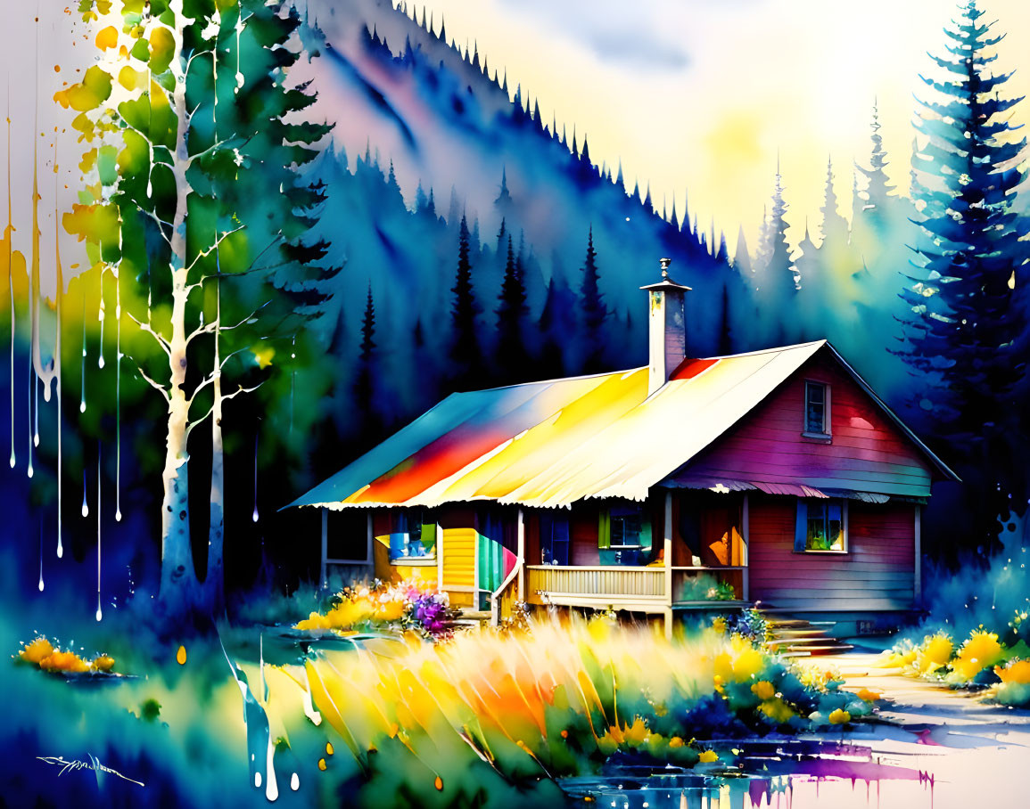 Colorful Watercolor Painting of Cozy Red Cabin in Abstract Forest