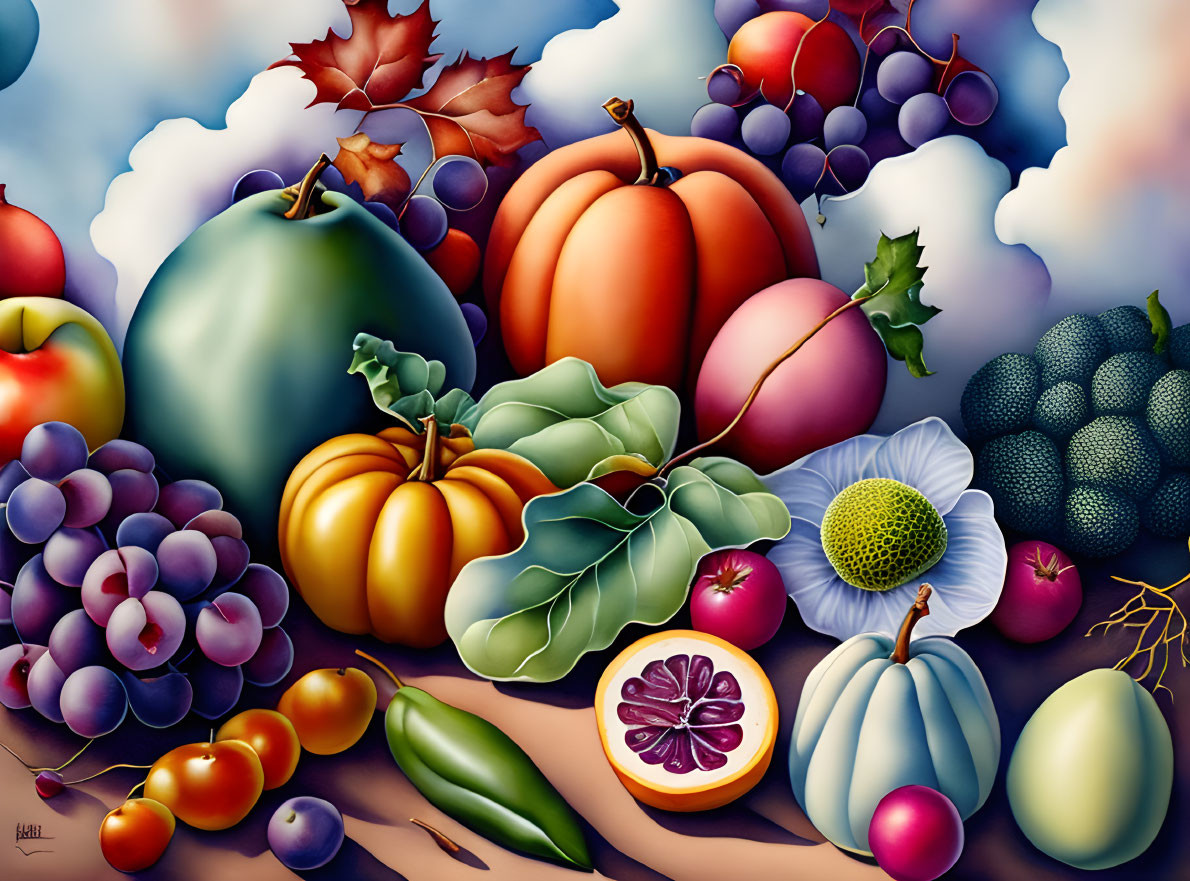 Vibrant still life illustration with pumpkins, grapes, kiwi, tomatoes, and more fruits