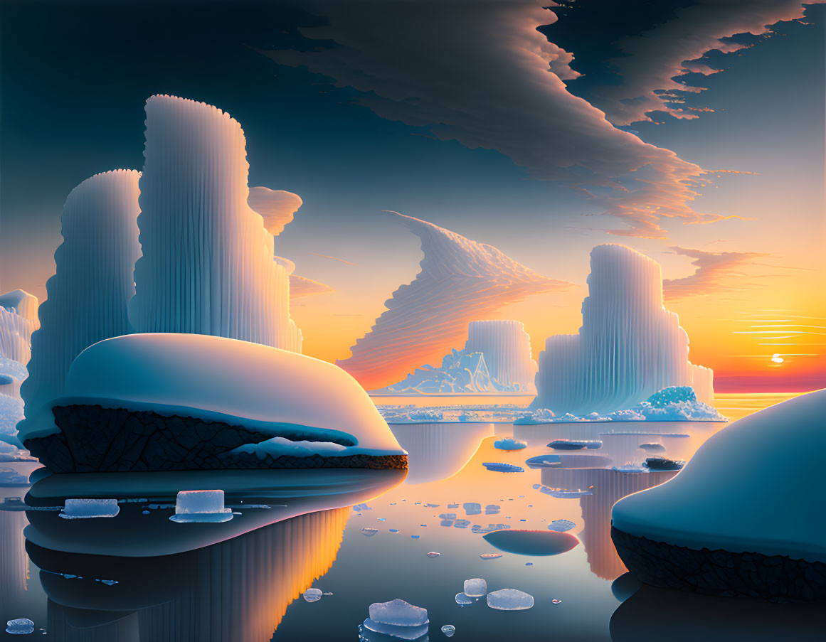 Surreal landscape with towering ice-like structures and reflective water surface at sunset