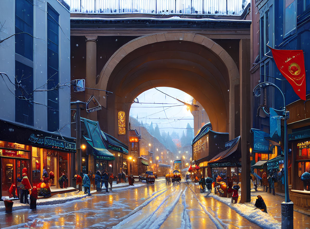 Twilight city street scene with pedestrians, shops, archway, warm lights, and flags