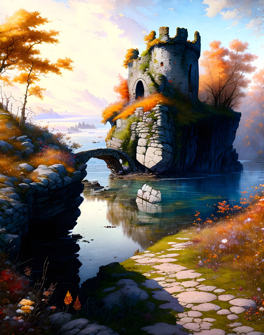 Ruined castle on rocky outcrop overlooking lake in autumn