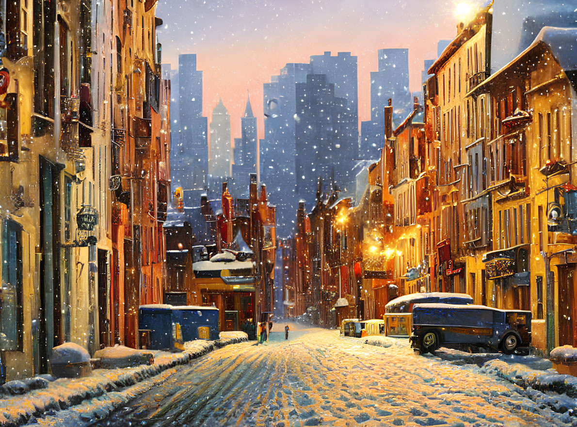 Snowy City Street at Dusk with Glowing Lights and Falling Snowflakes