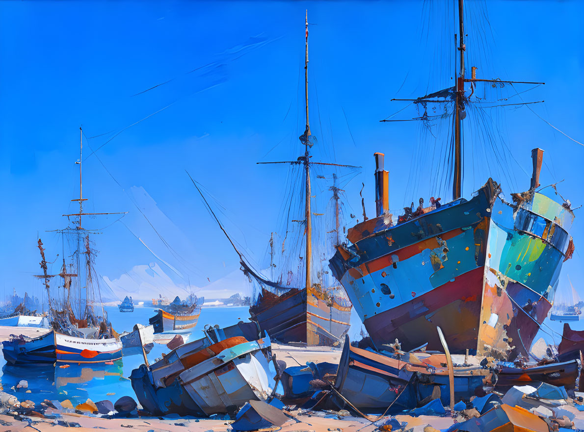 Colorful ship graveyard painting under clear blue sky