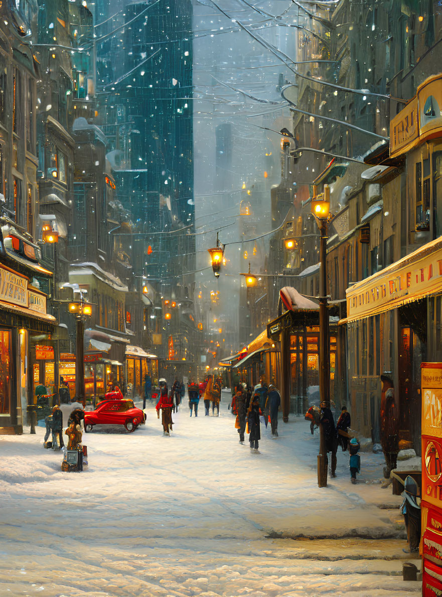 Snowy city street at night with glowing street lamps and bustling pedestrians.