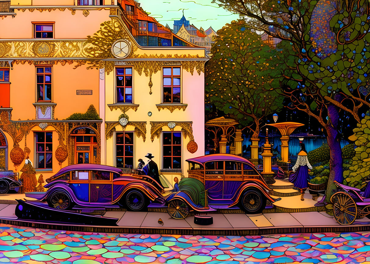 Colorful Vintage Cars and Buildings in Whimsical Street Scene