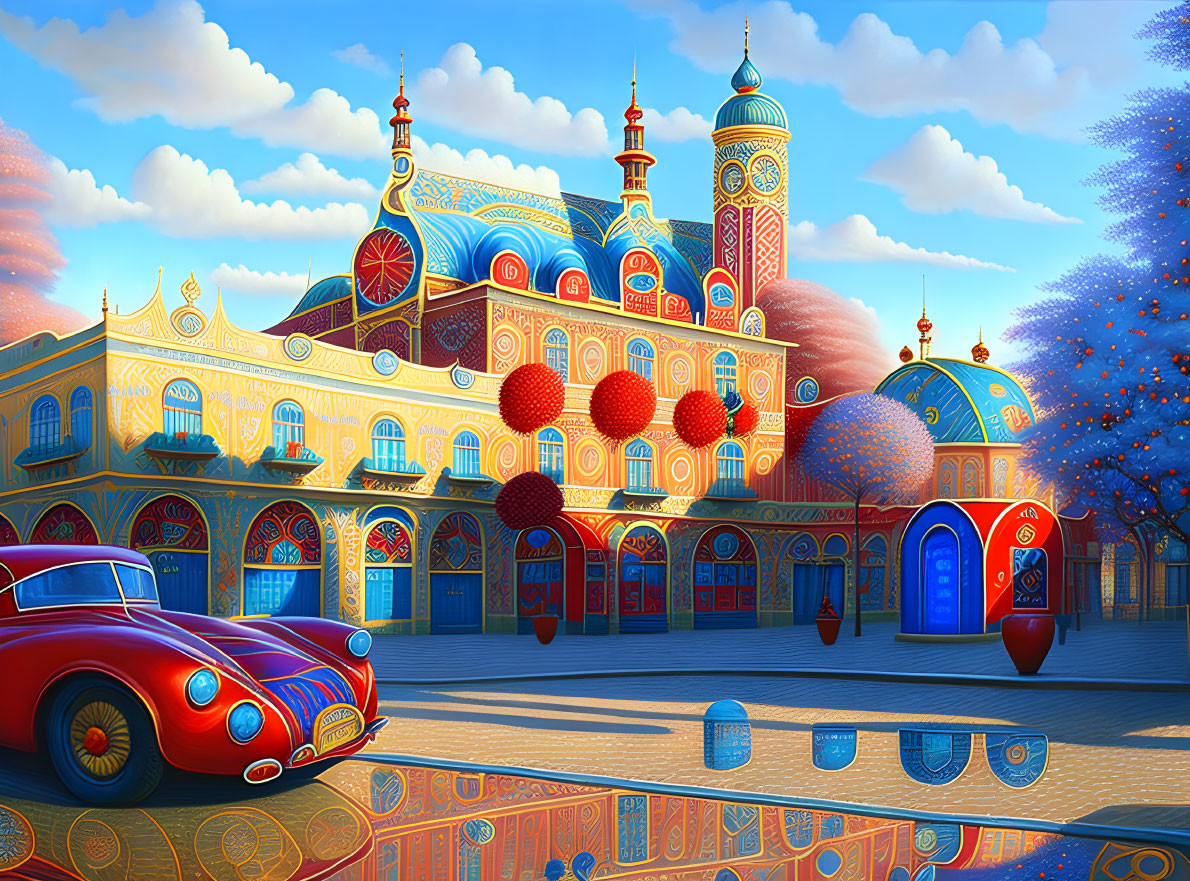 Colorful illustration of ornate building, red lanterns, classic car under blue sky