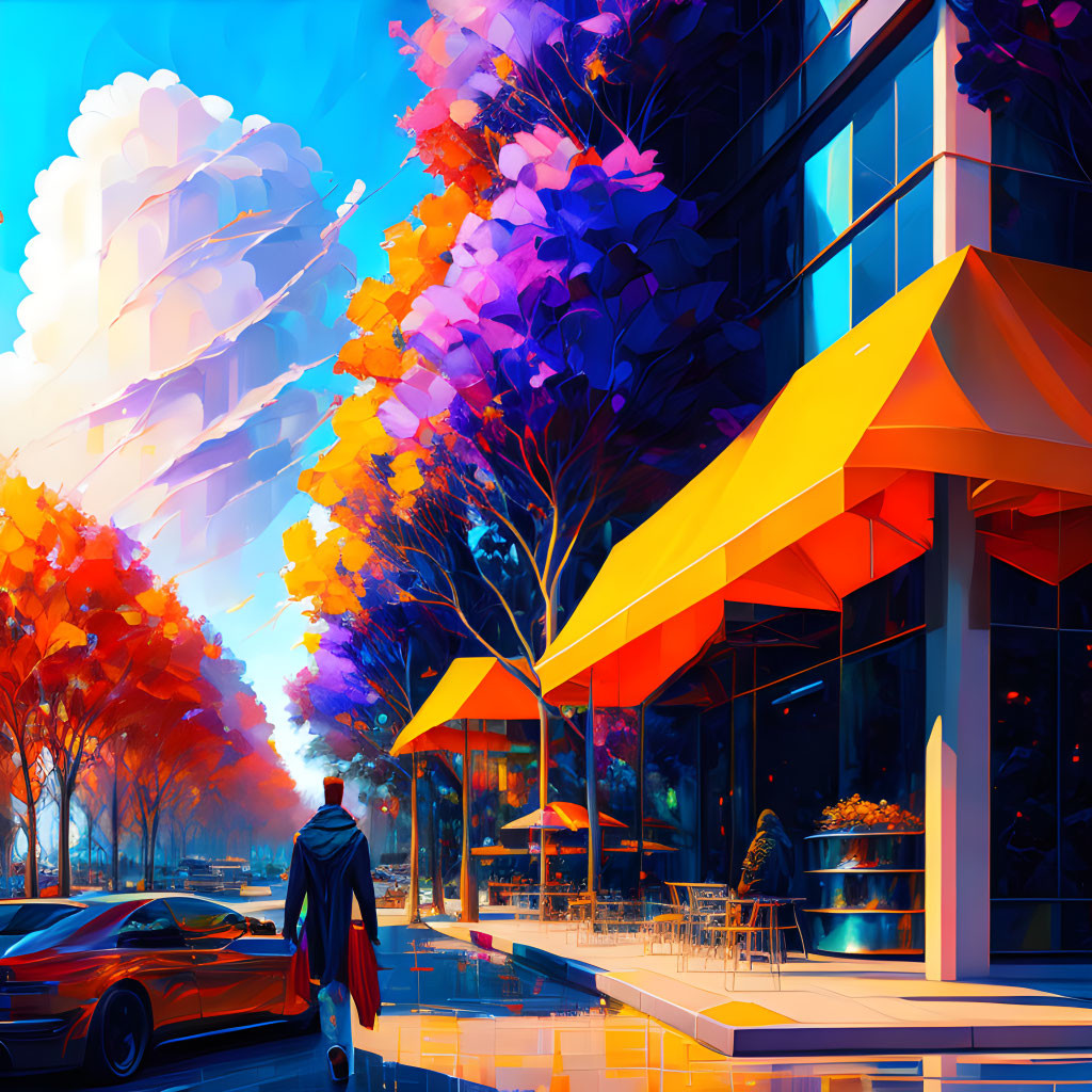 Colorful digital artwork featuring person on neon street with modern café and futuristic car