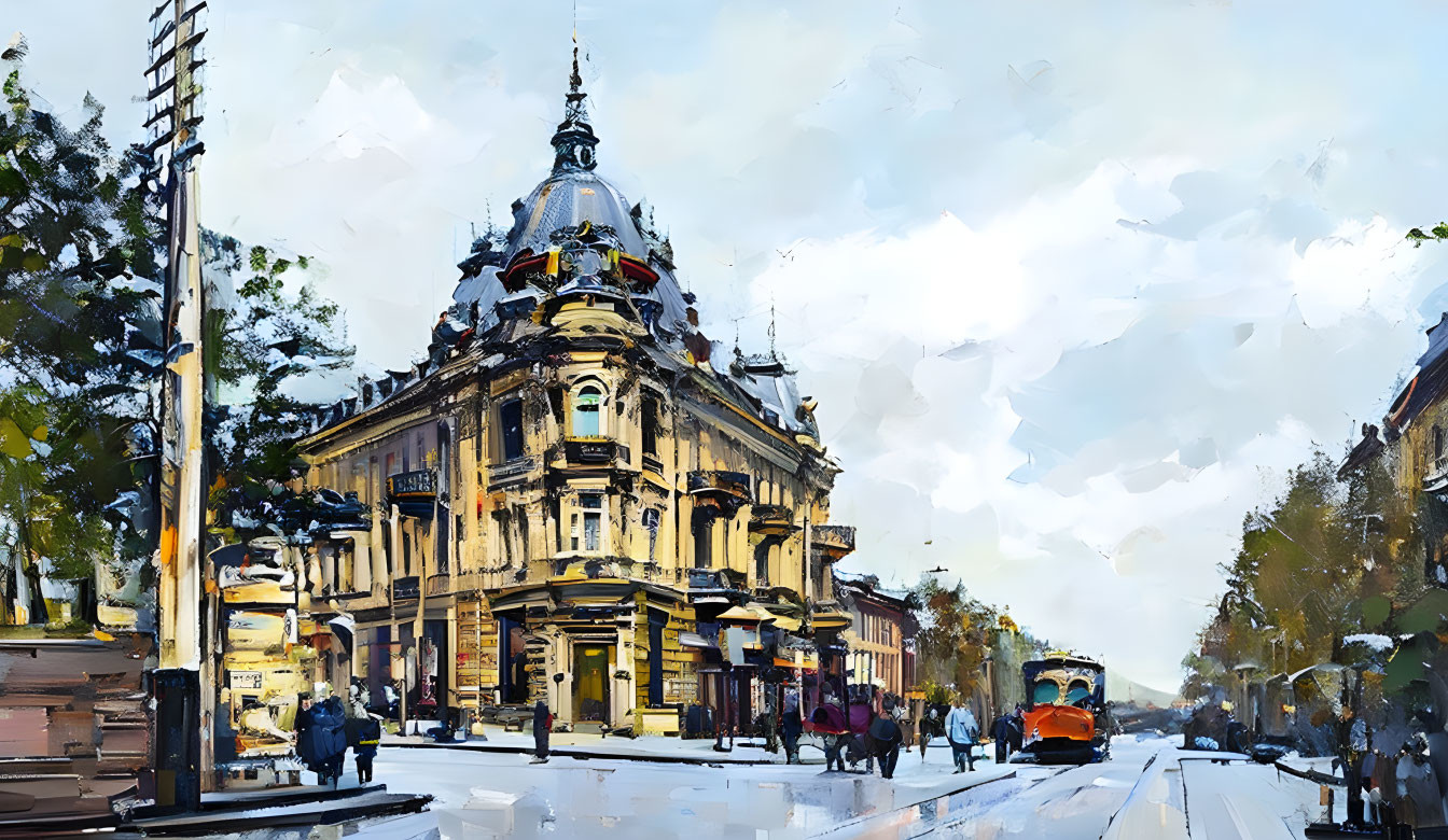 Impressionist-style painting of bustling city street with ornate building and tram under cloudy sky