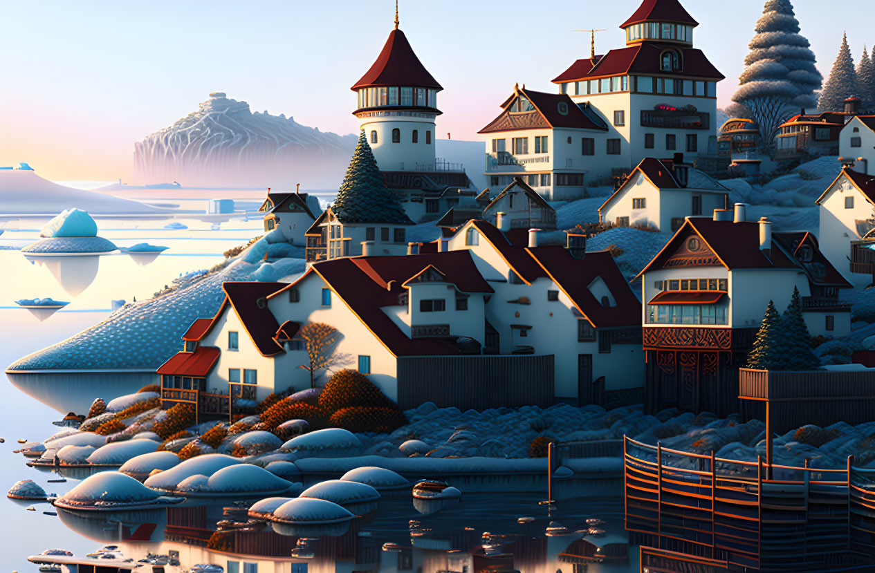 Snow-covered winter village by icy lake & mountains at sunrise