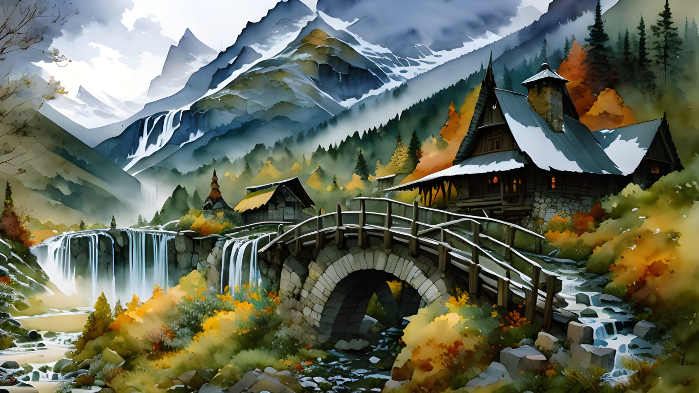 Tranquil landscape with wooden bridge, waterfall, mountain, cabin, autumn foliage