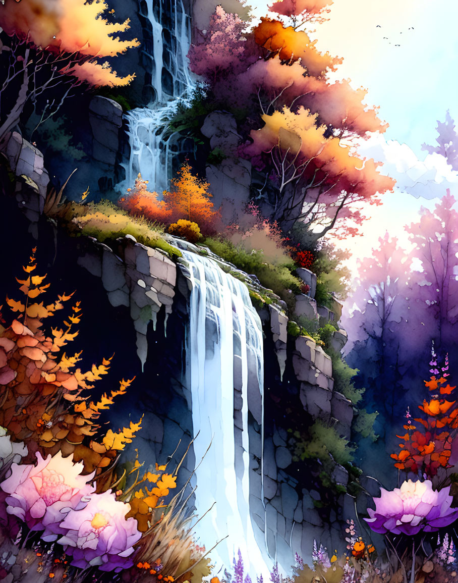 Colorful autumn waterfall scene with purple flowers.