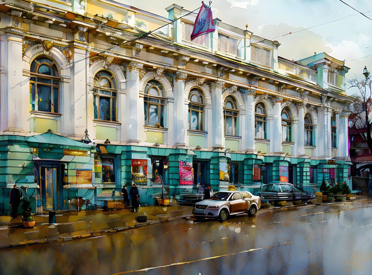 Historical building with large windows, blue canopies, wet streets, cars, and pedestrians.