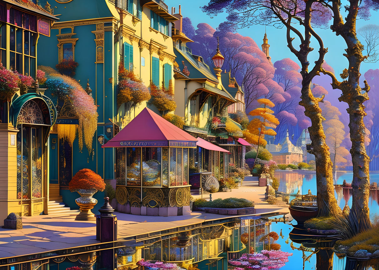 Colorful Riverside Scene with European Buildings and Purple Trees