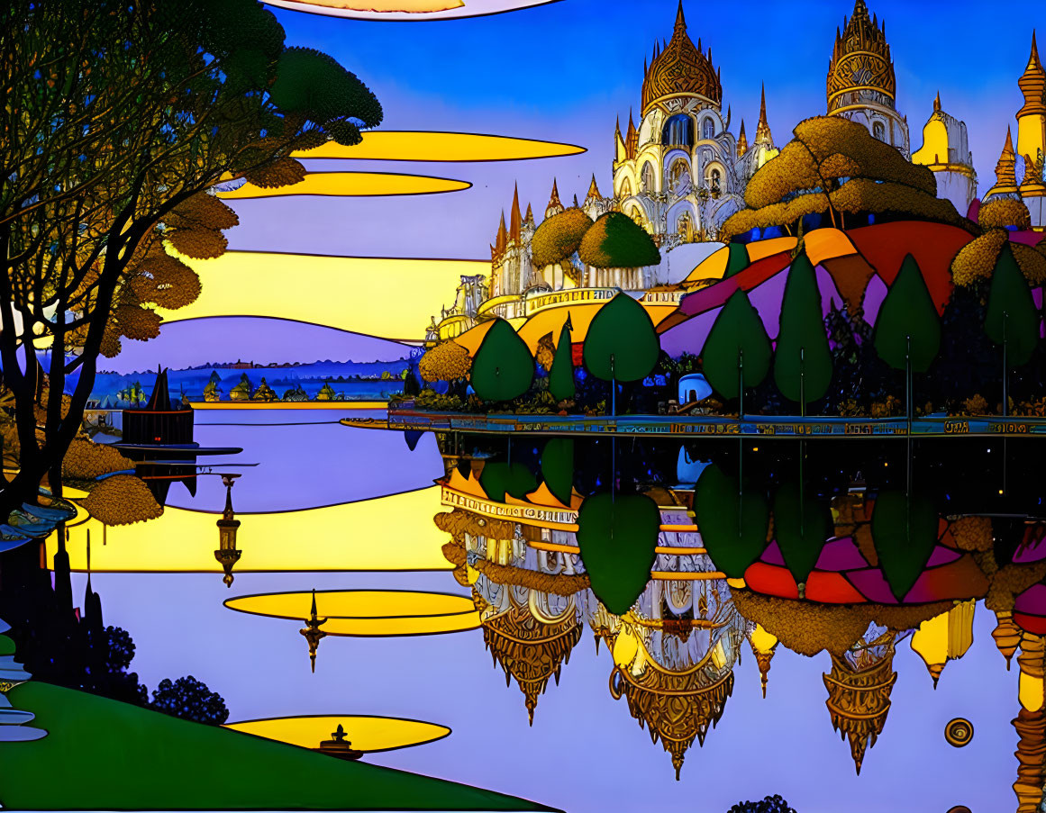 Colorful Castle Landscape with Reflection at Sunset/Sunrise