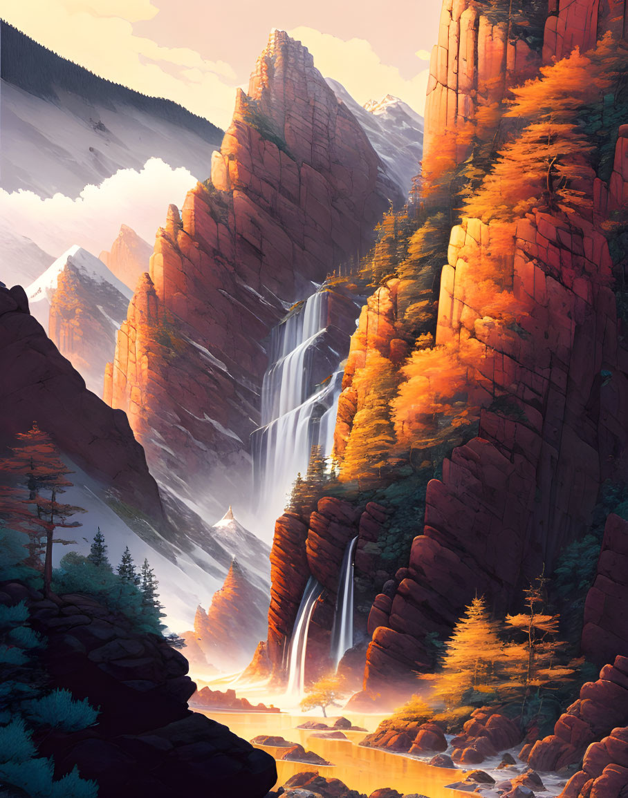 Majestic waterfall between steep cliffs with autumn foliage