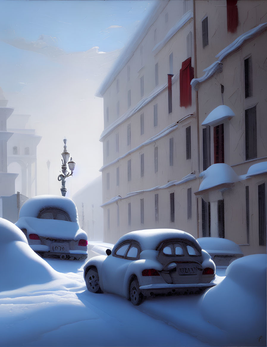 Snow-covered street scene with cars and buildings in soft winter glow