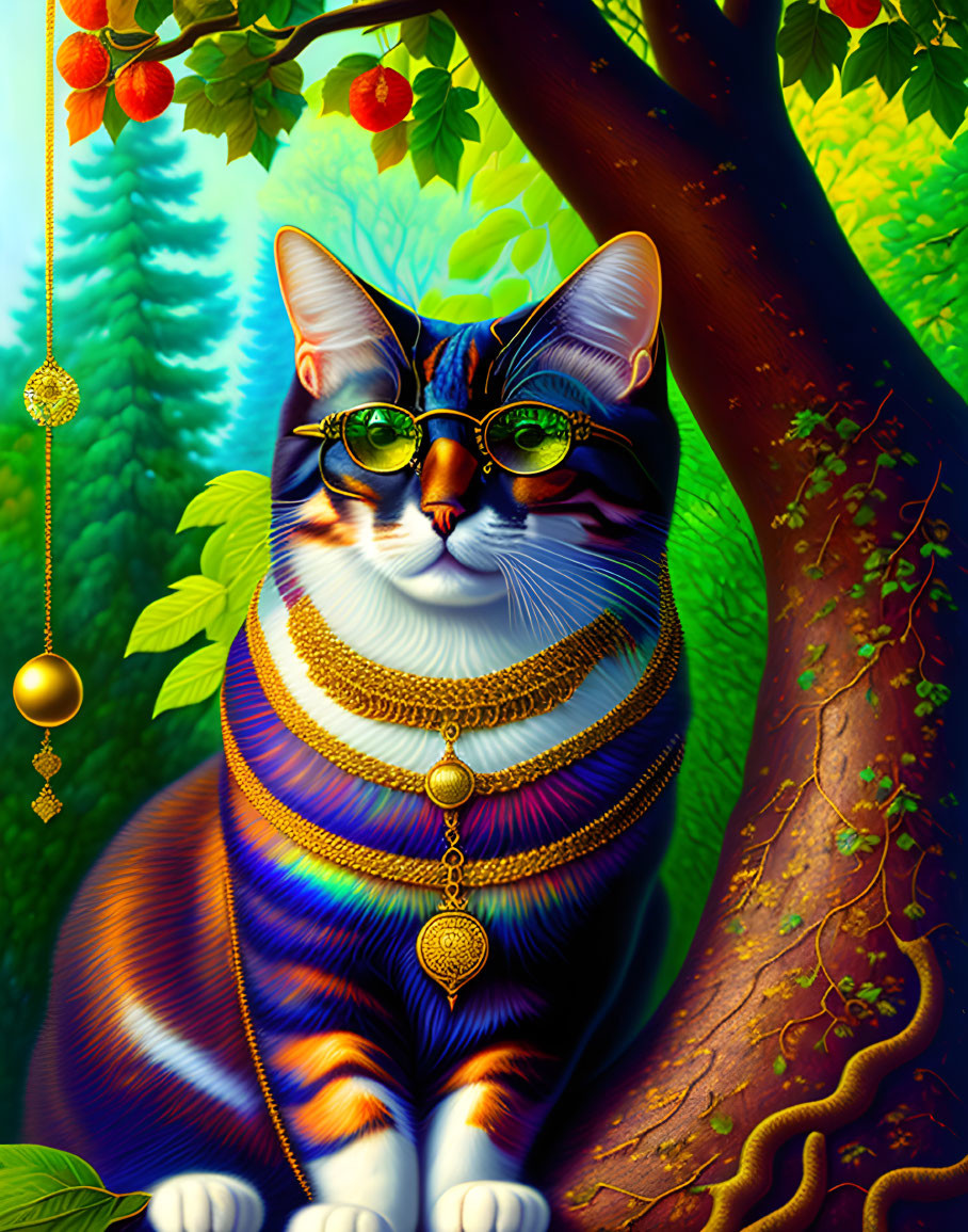 Vibrant cat portrait with glasses and gold jewelry under fruit tree