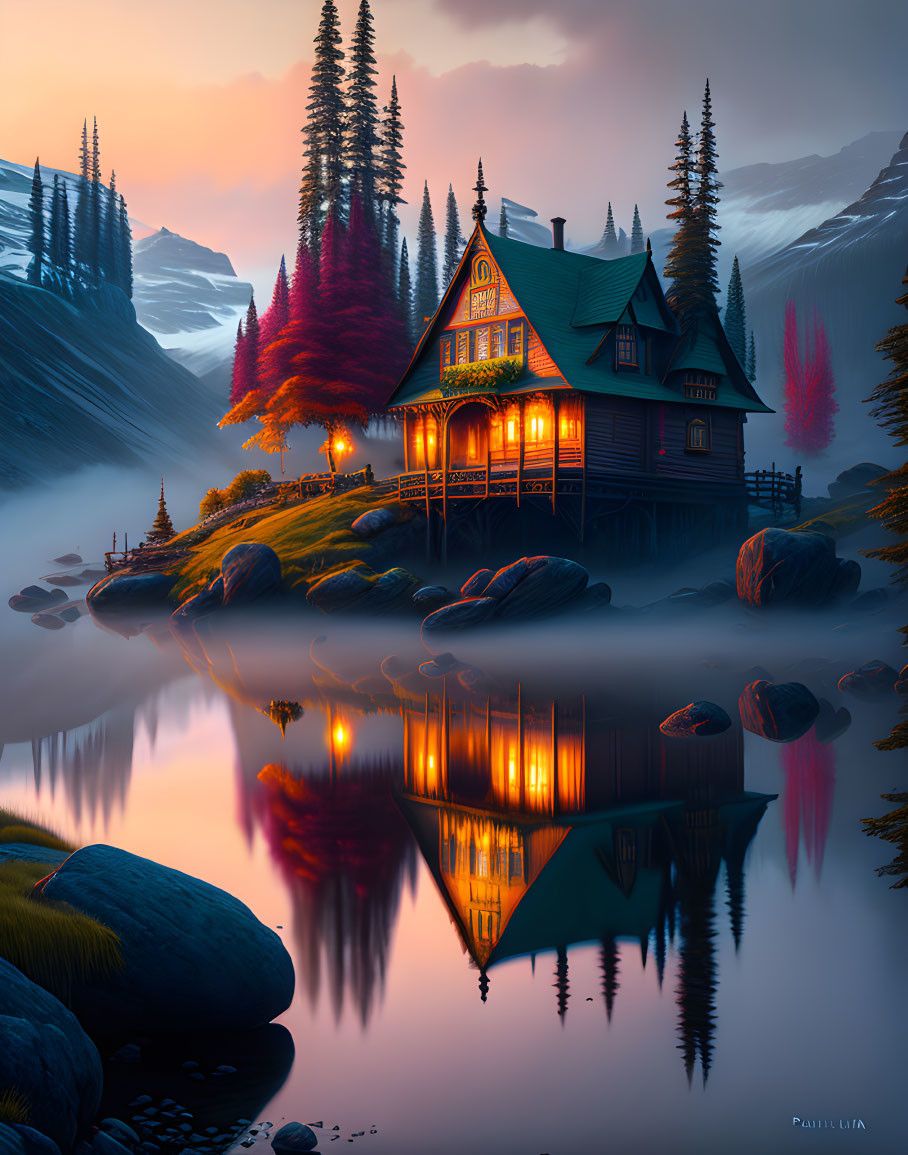 Twilight scene of cottage by lake with glowing lights