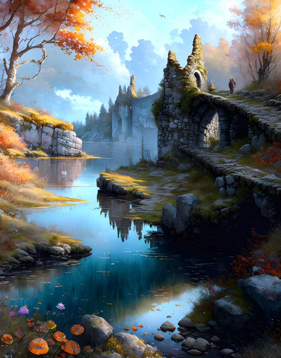 Autumnal fantasy landscape with stone arch bridge ruins and colorful foliage