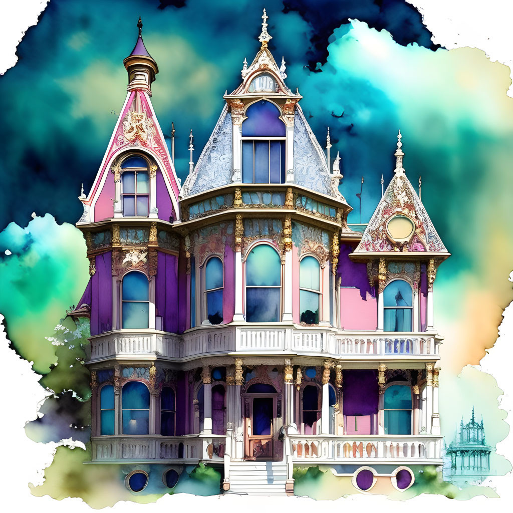 Colorful Victorian-style house with ornate details and large windows against a cloud-filled sky.