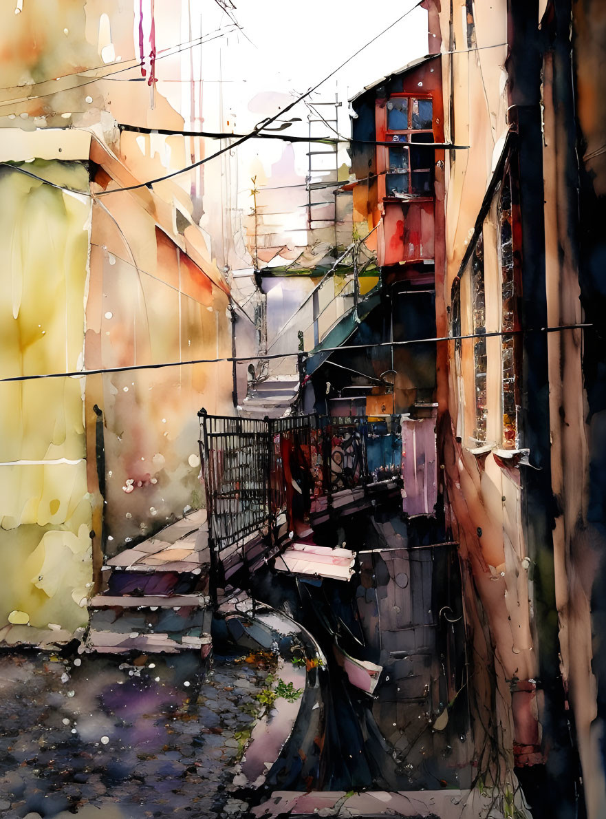 Detailed Watercolor Painting of Bustling Alleyway