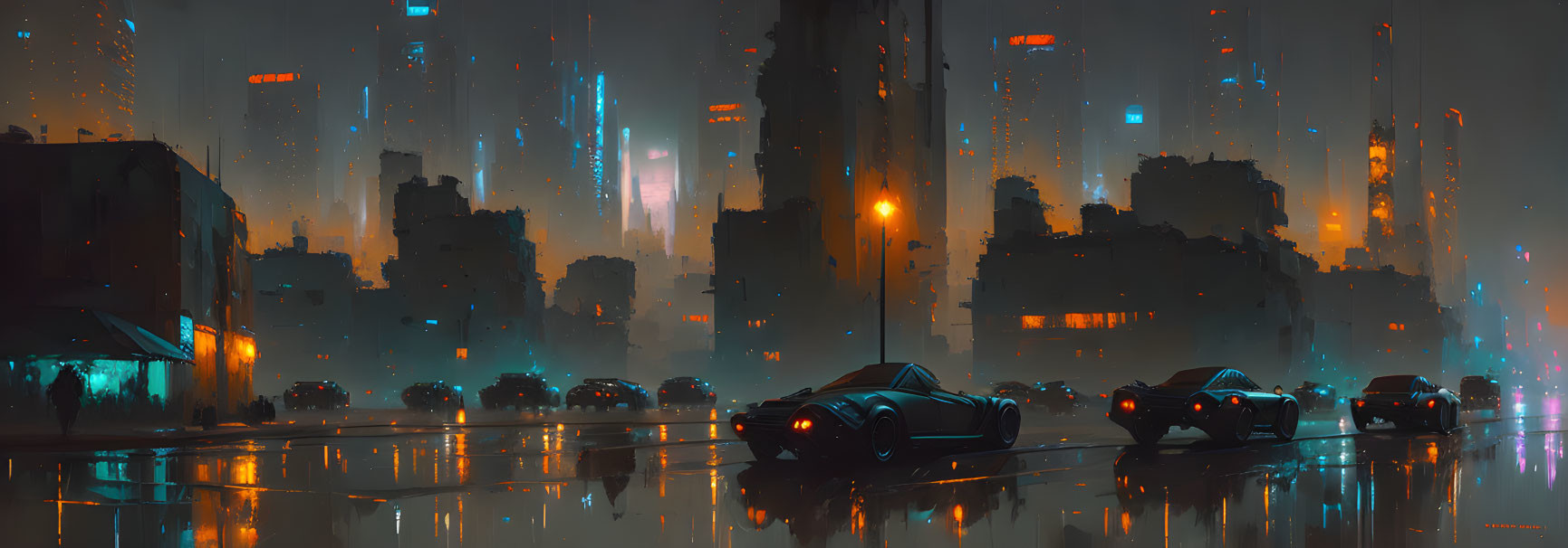 Futuristic night cityscape with neon lights and advanced vehicles