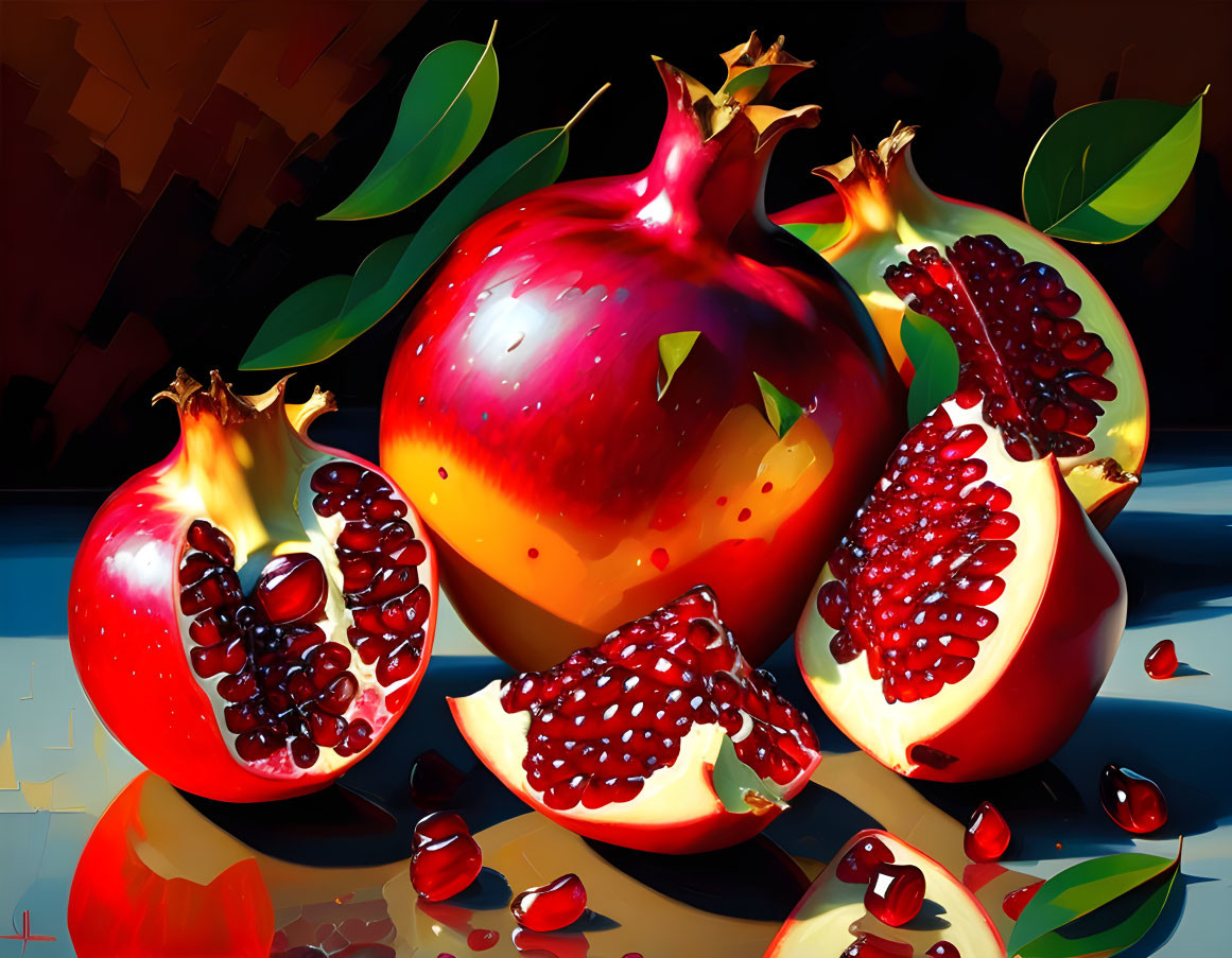 Colorful digital artwork: whole and sectioned pomegranates with scattered arils