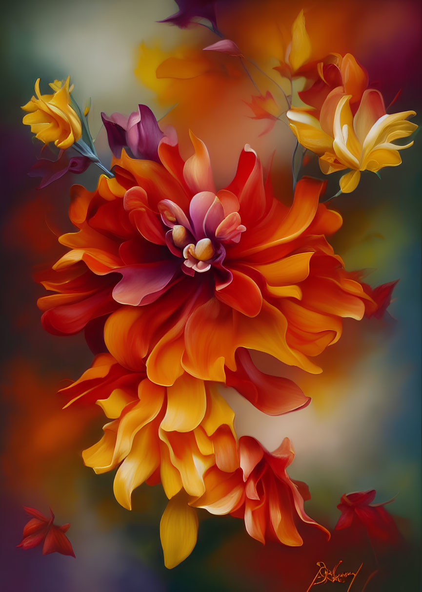 Colorful digital painting of fiery red and orange flower with yellow petals on blurred background.