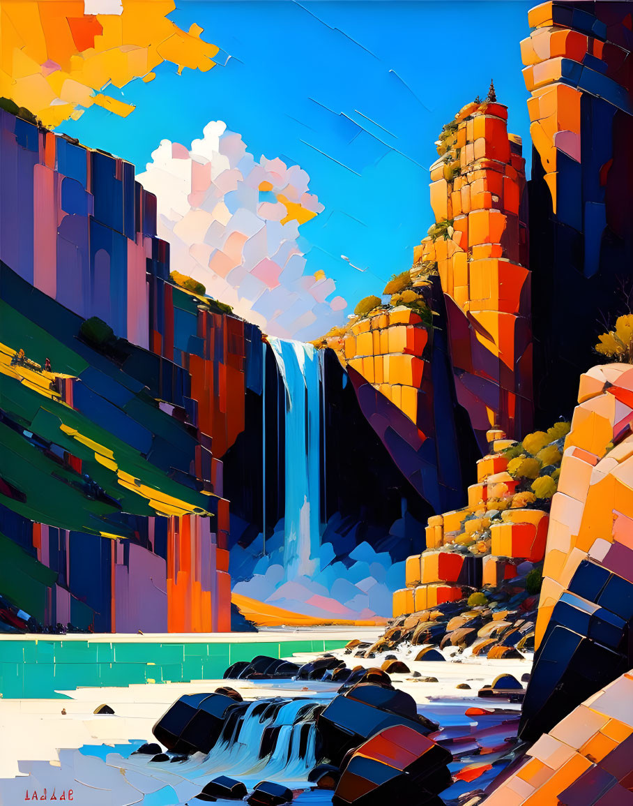 Colorful waterfall painting with geometric shapes and blue sky