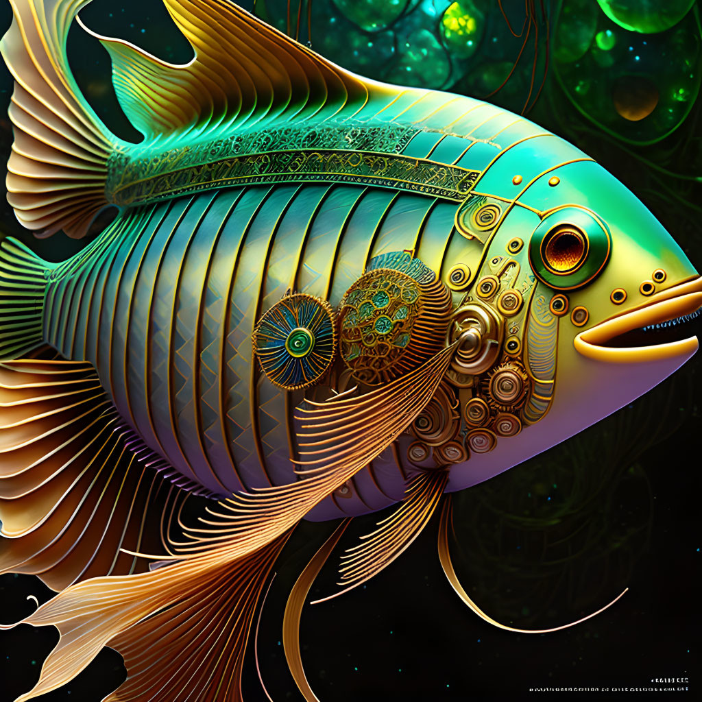 Colorful digital art: ornate mechanical fish with glowing eye in dark, bubble-filled setting