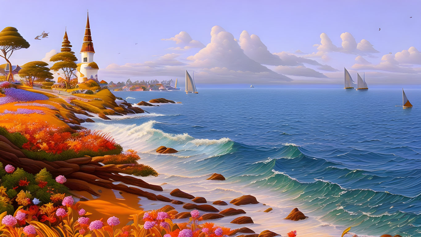 Scenic coastal view with sailboats, lighthouse, flora, and waves