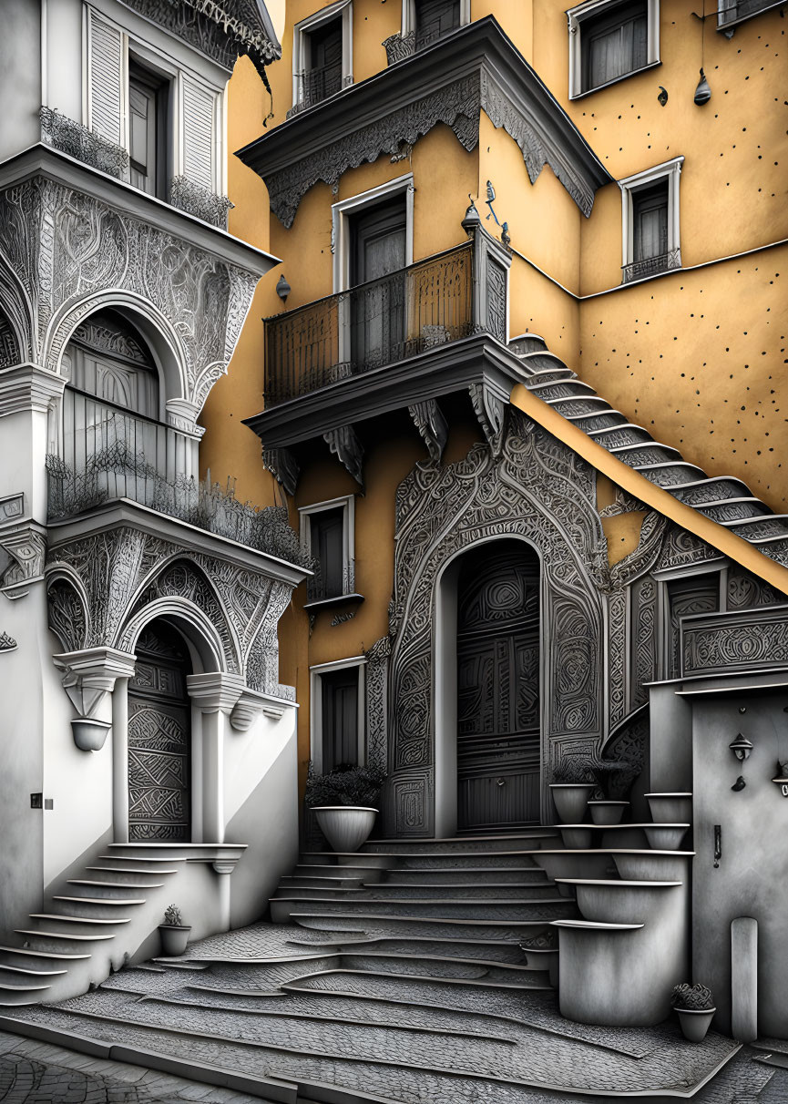 Grayscale image of yellow building with ornate white details