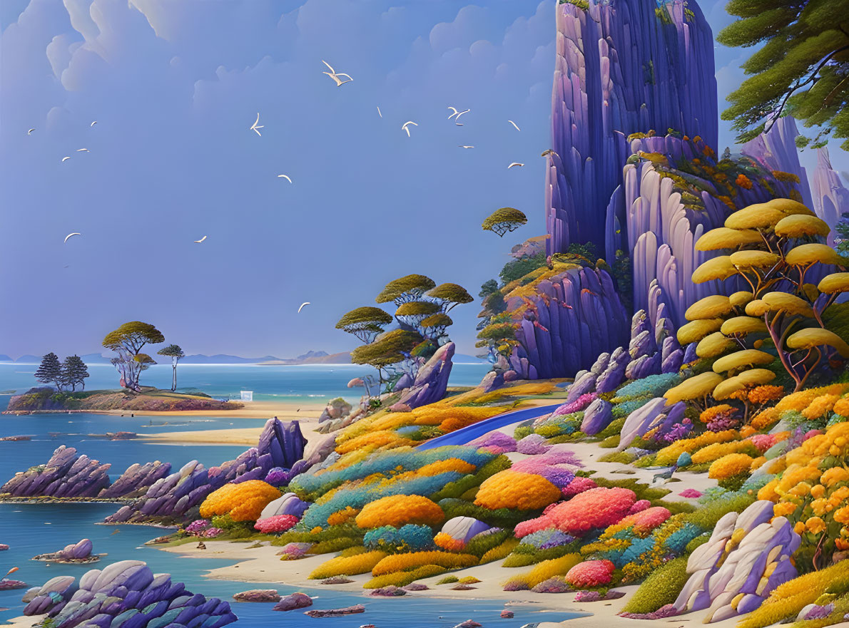 Colorful Flora, Purple Cliffs, Beach, Birds in Fantasy Landscape