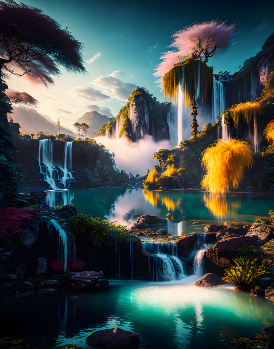 Fantastical landscape with waterfalls, pools, greenery, and flowering trees