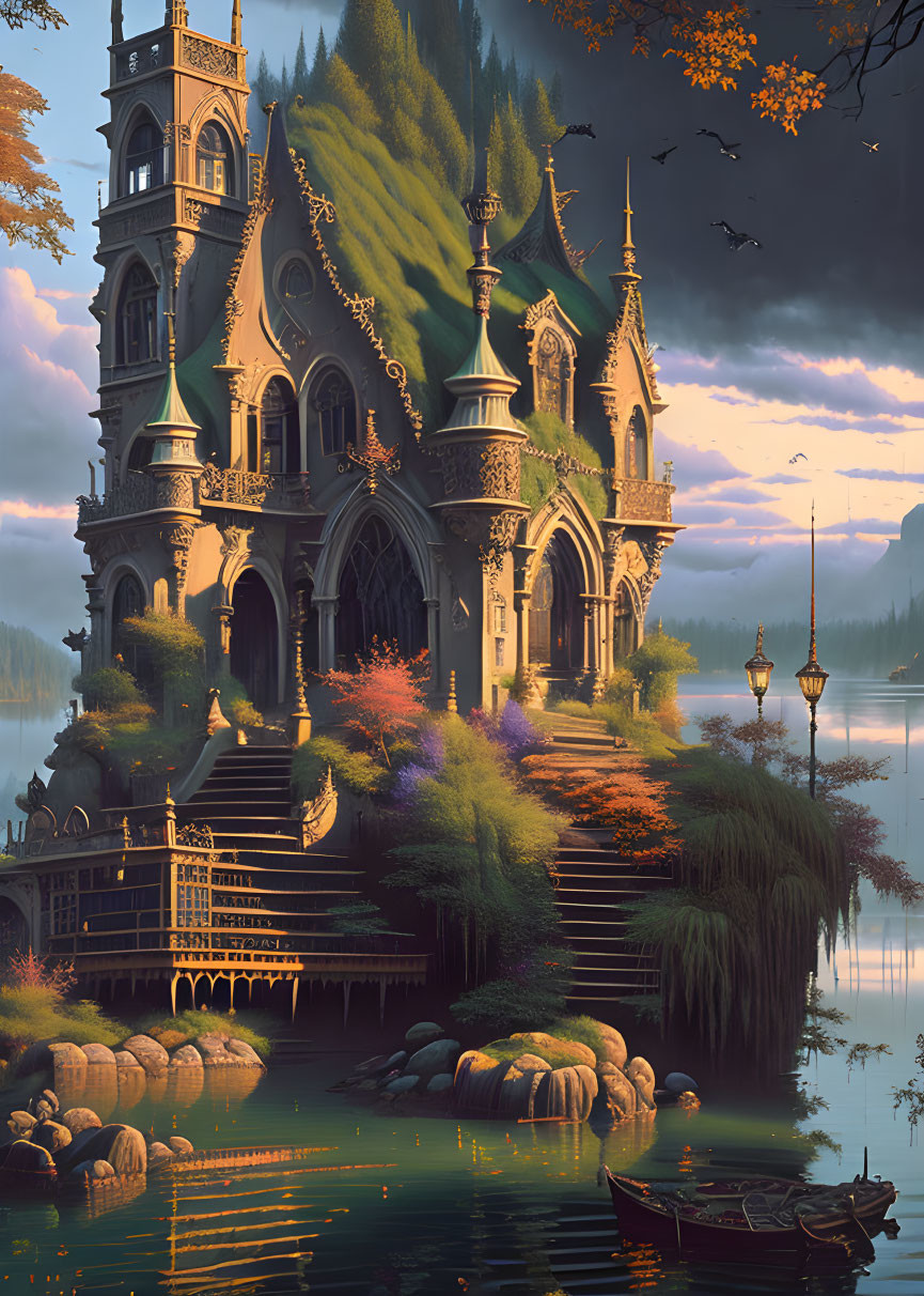 Fantasy castle with spires in lush forest near serene lake at dusk