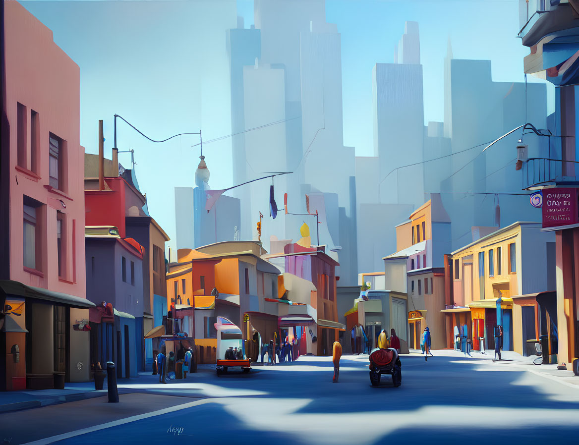 Vibrant city street scene with pedestrians, vehicles, and buildings in soft sunlight