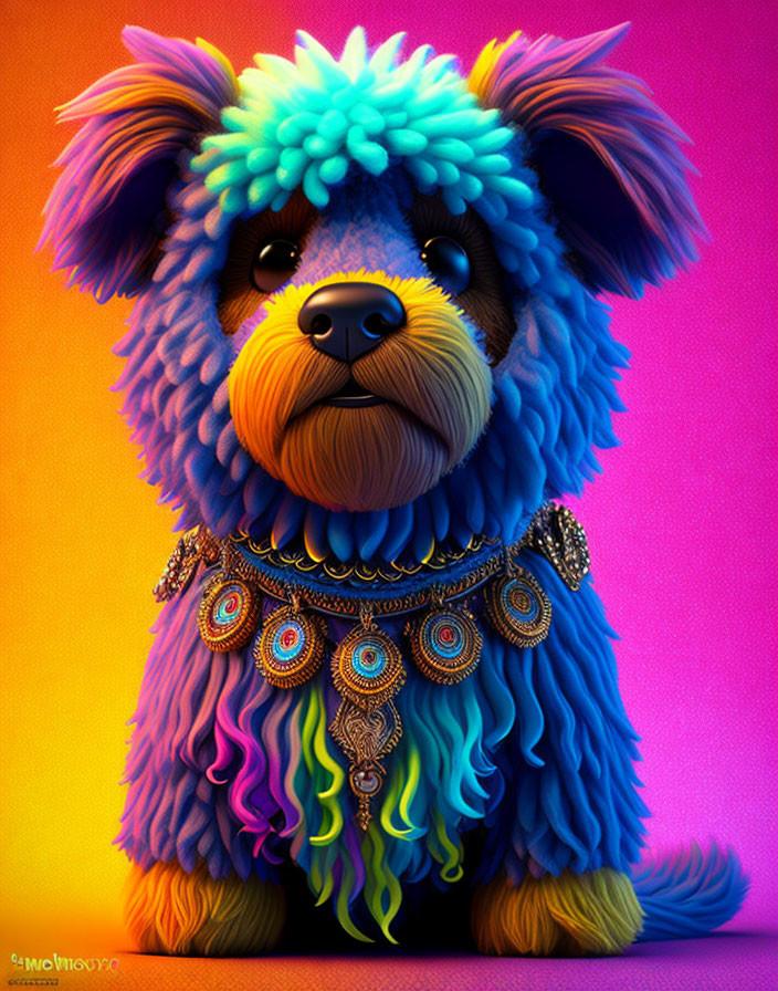 Illustrated Dog with Blue Fur, Rainbow Fringes, and Beaded Necklace