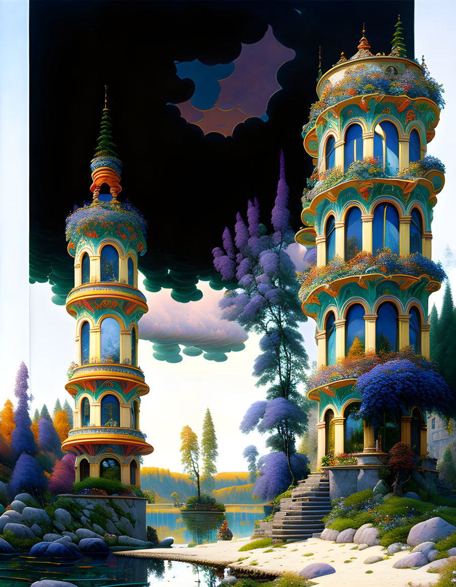 Fantastical ornate tower in vibrant, colorful landscape