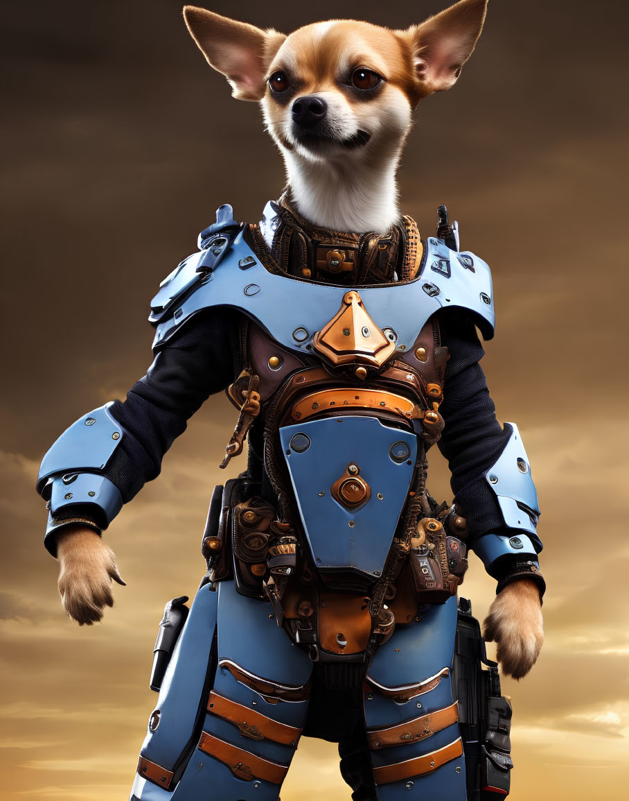 Chihuahua in Heavy Armor Against Orange Sky