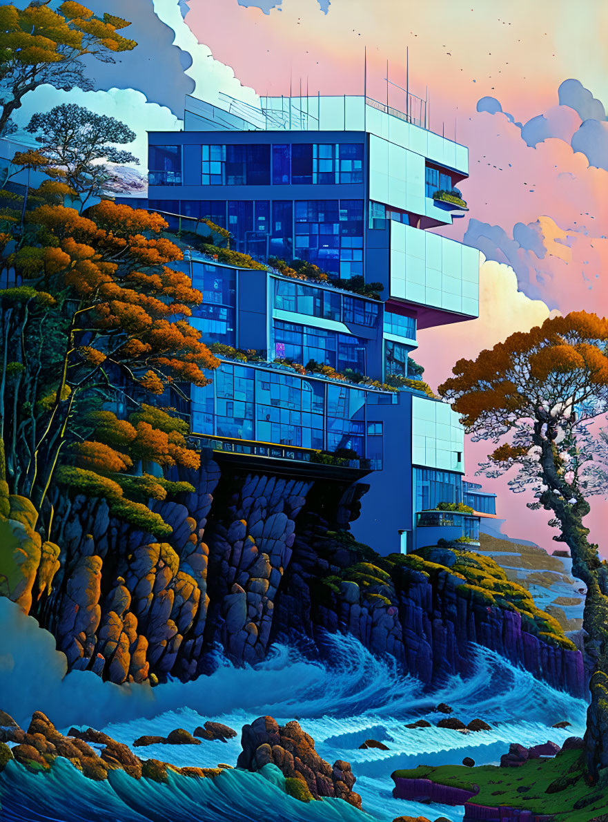 Futuristic glass building on rocky cliff with waterfall and orange tree line