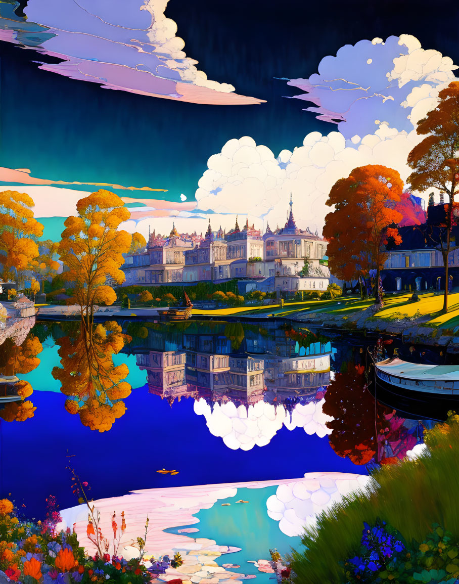 Digital artwork: Grand chateau, autumn trees, river reflection, twilight sky.