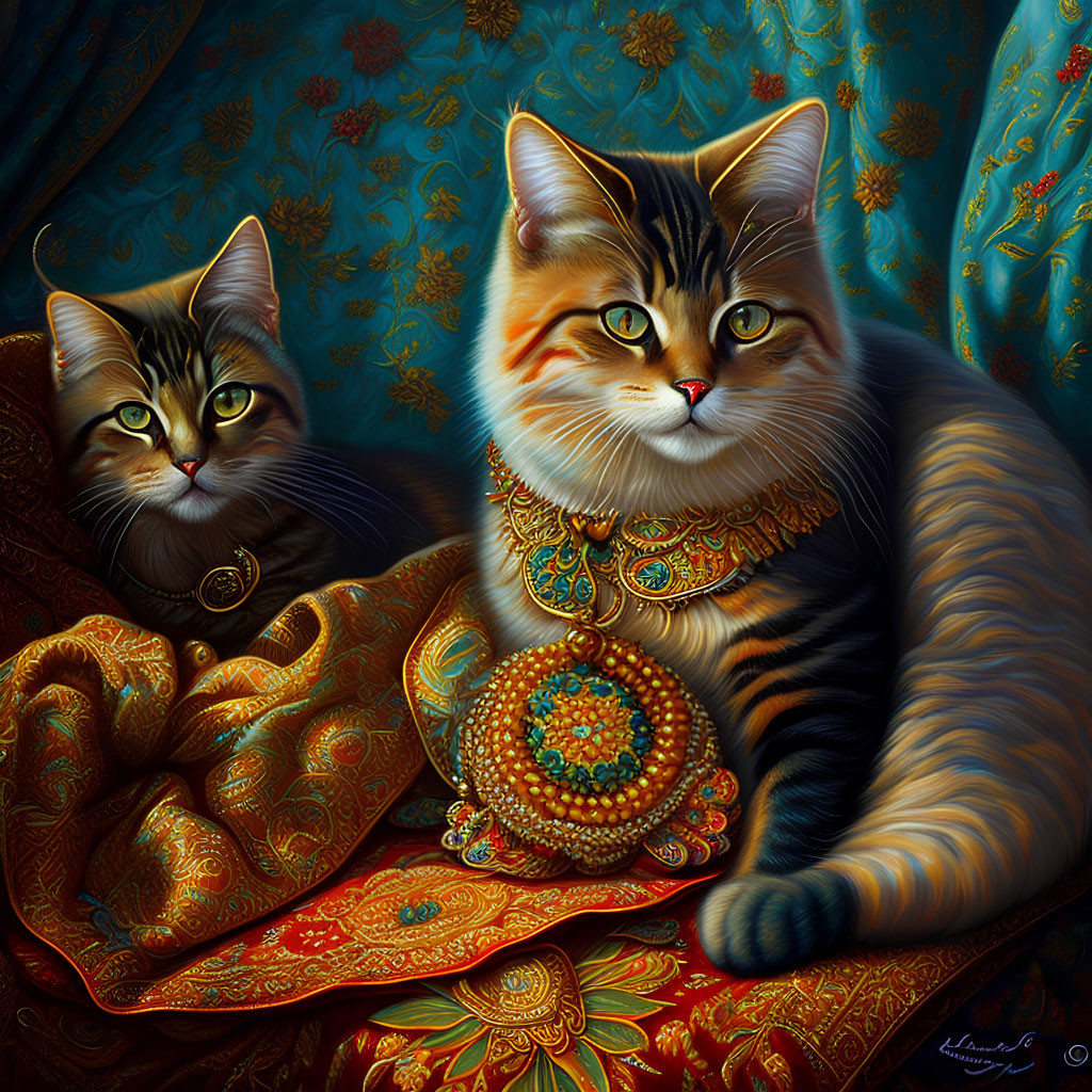 Ornately adorned cats on richly patterned background with luxurious textiles and intricate jewelry.