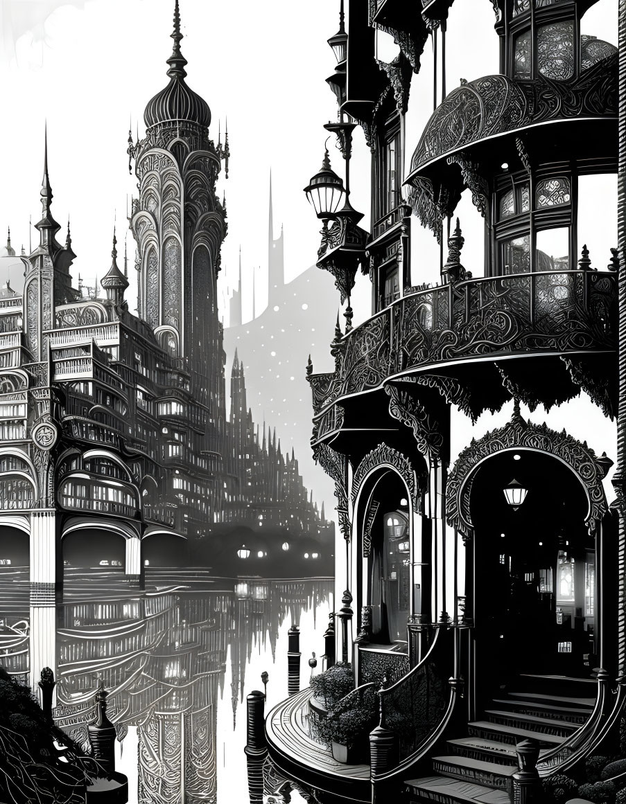 Detailed Monochrome Fantastical Gothic Cityscape Illustration