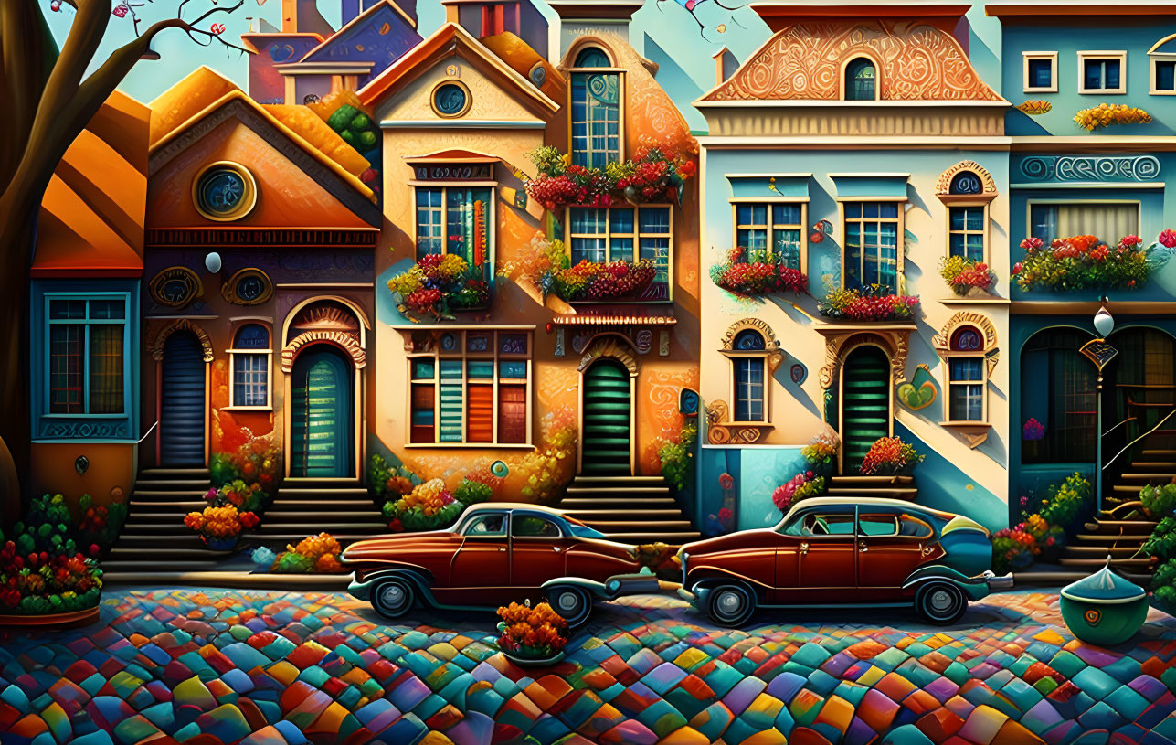 Colorful illustration of whimsical street with stylized houses and classic cars