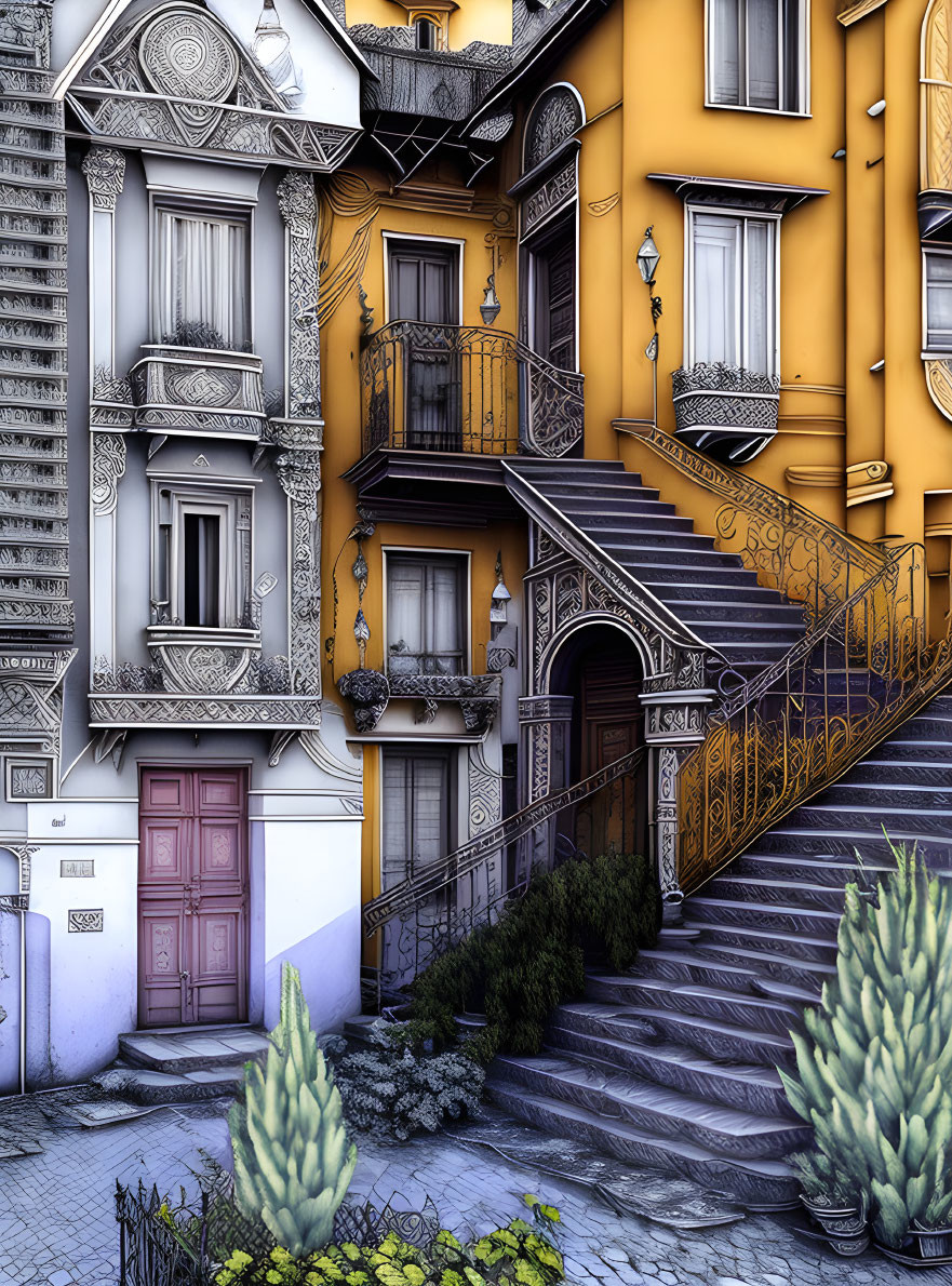 Vibrant yellow building with intricate black and white drawings, ornate balconies, purple door,