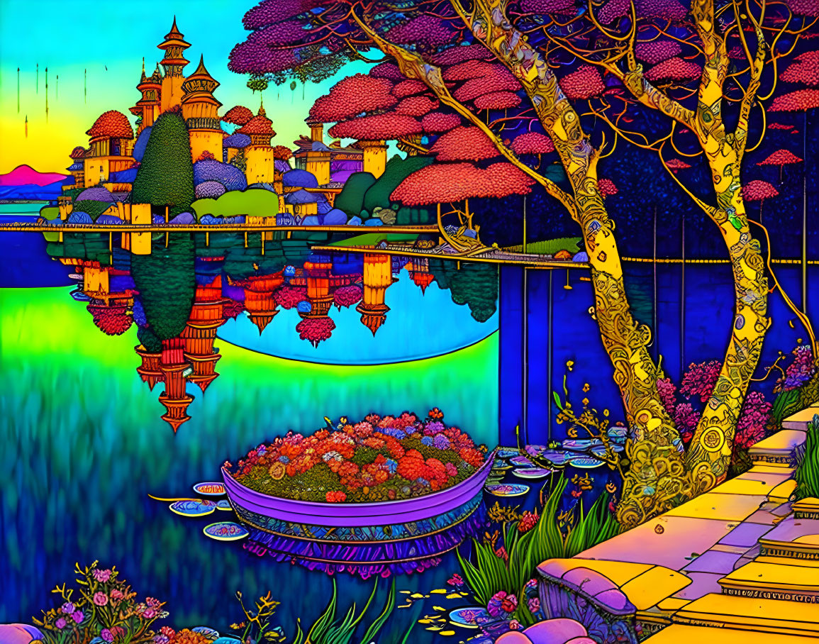 Fantastical landscape with castle, boat, and vibrant trees