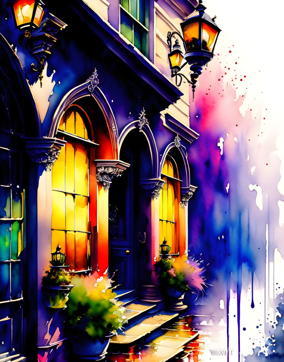 Colorful Watercolor Illustration of Vibrant Building Facade