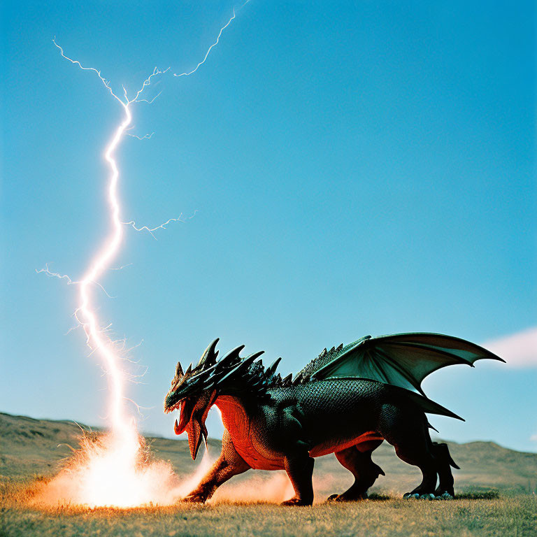 Toy dragon breathing fire on grass with lightning bolt in background