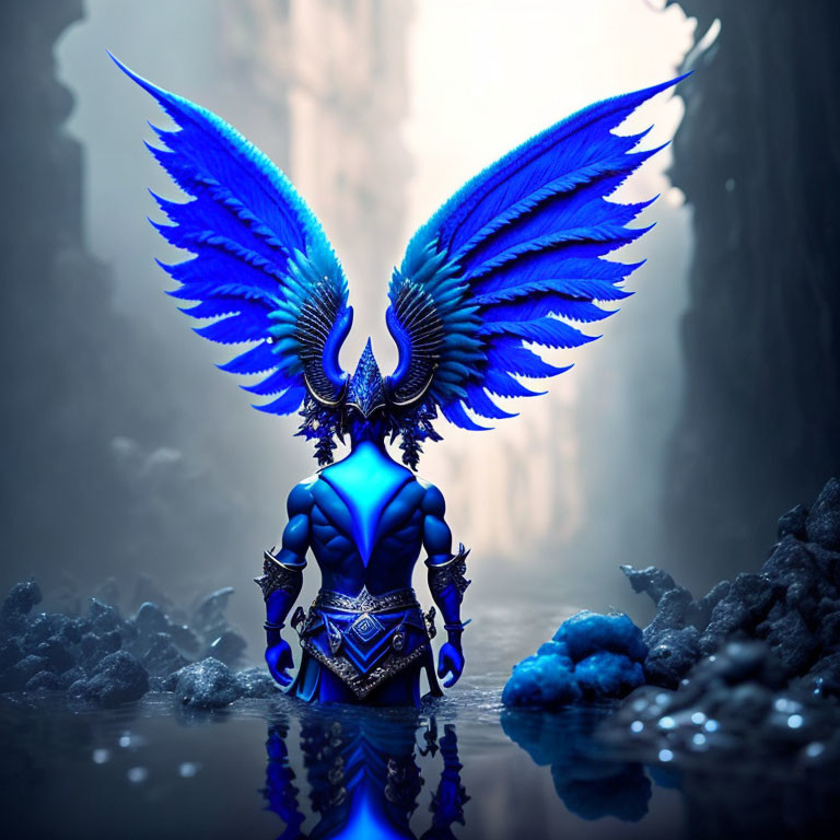 Blue Winged Figurine in Detailed Armor on Misty Rocky Landscape